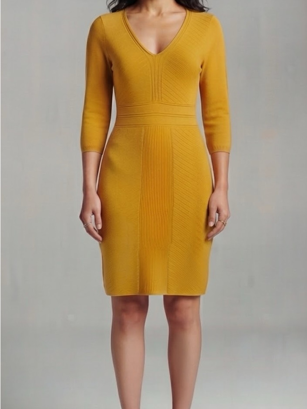 V-Neck Mustard Knit Midi Dress - Women
